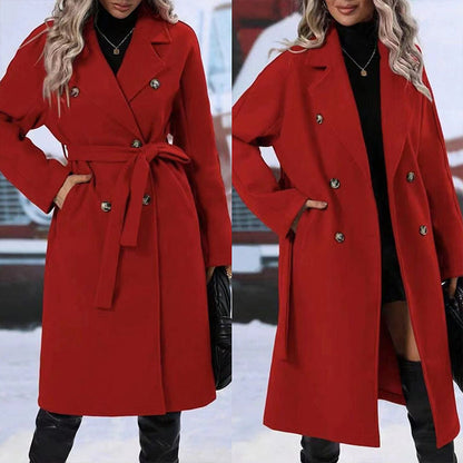 Trench-Coat Long à Revers et Ceinture