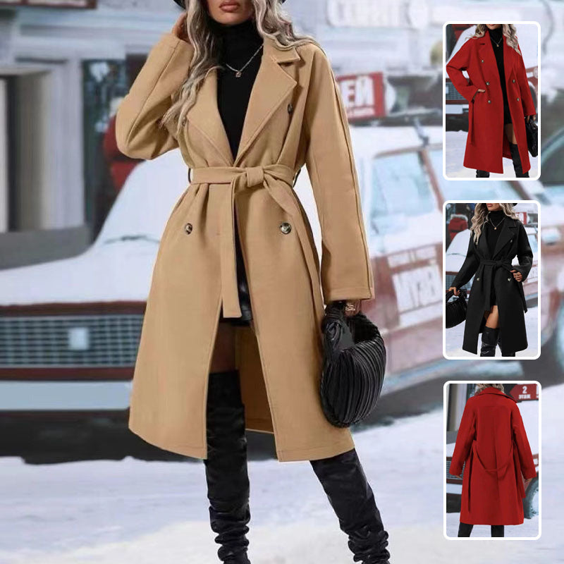 Trench-Coat Long à Revers et Ceinture